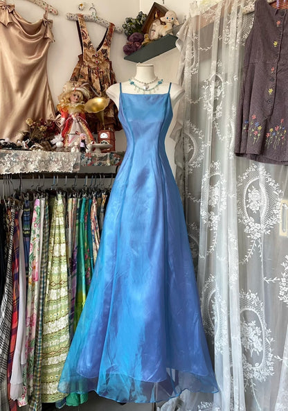 Vintage Fashion Mermaid Spaghetti Straps Blue Floor Length Evening Dress Prom Dresses SD1880