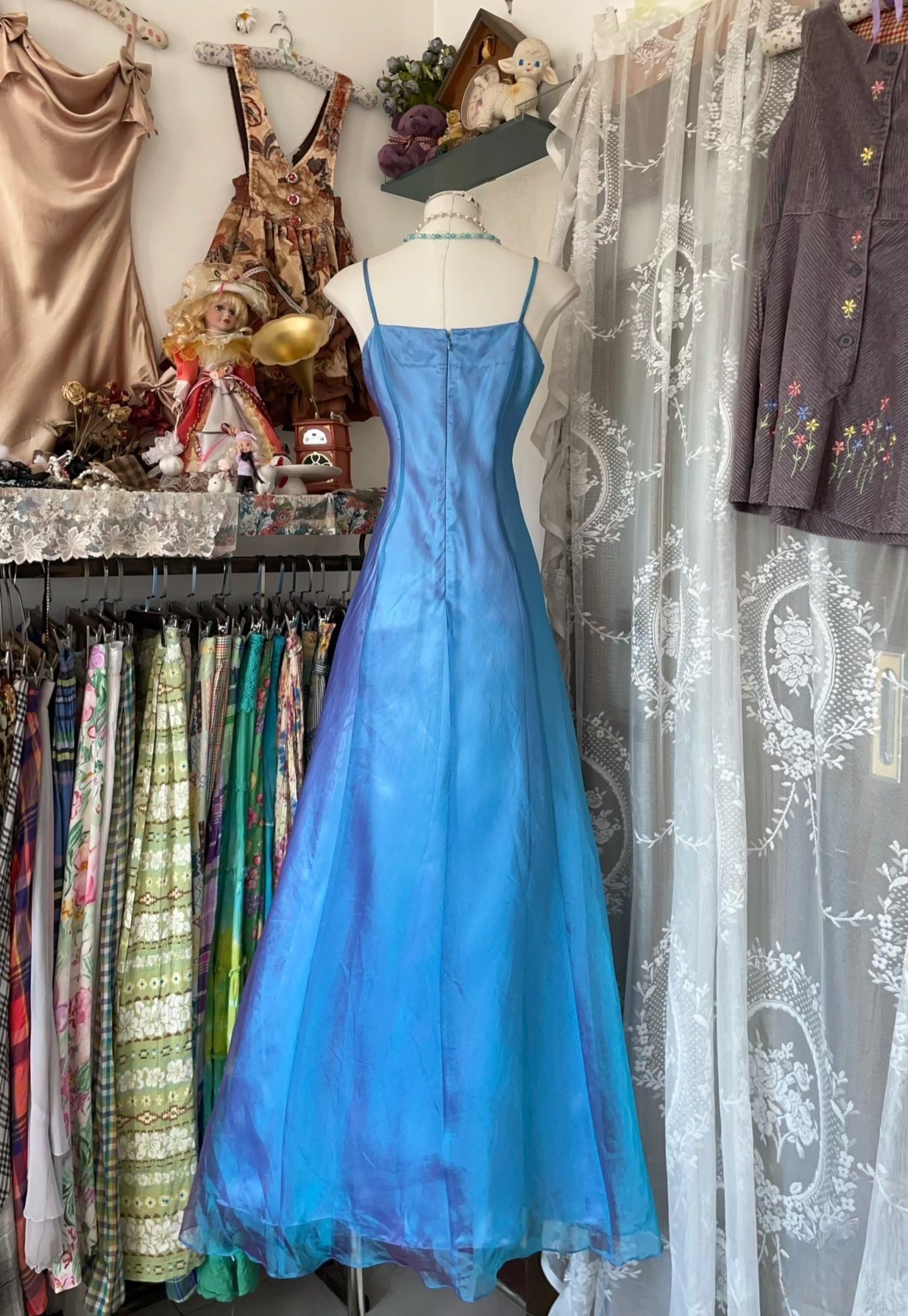 Vintage Fashion Mermaid Spaghetti Straps Blue Floor Length Evening Dress Prom Dresses SD1880