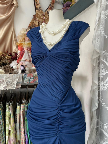 Vintage Fashion Mermaid V Neckline Navy Blue Floor Length Evening Dress Prom Dresses SD1881