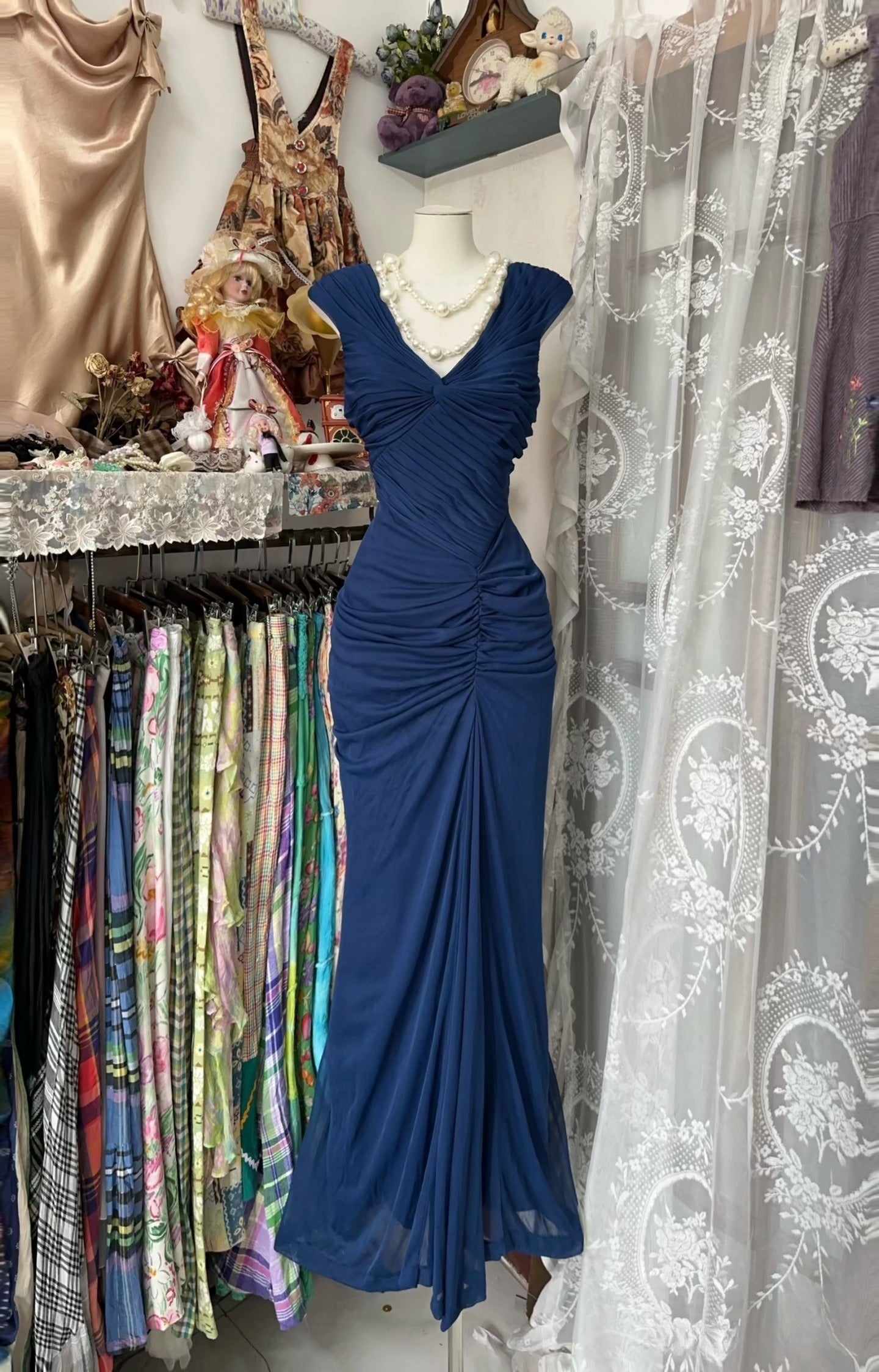 Vintage Fashion Mermaid V Neckline Navy Blue Floor Length Evening Dress Prom Dresses SD1881