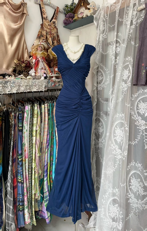 Vintage Navy Blue Satin Lace Appliques Mermaid Evening Dress Prom Dress Y8497 main image 0