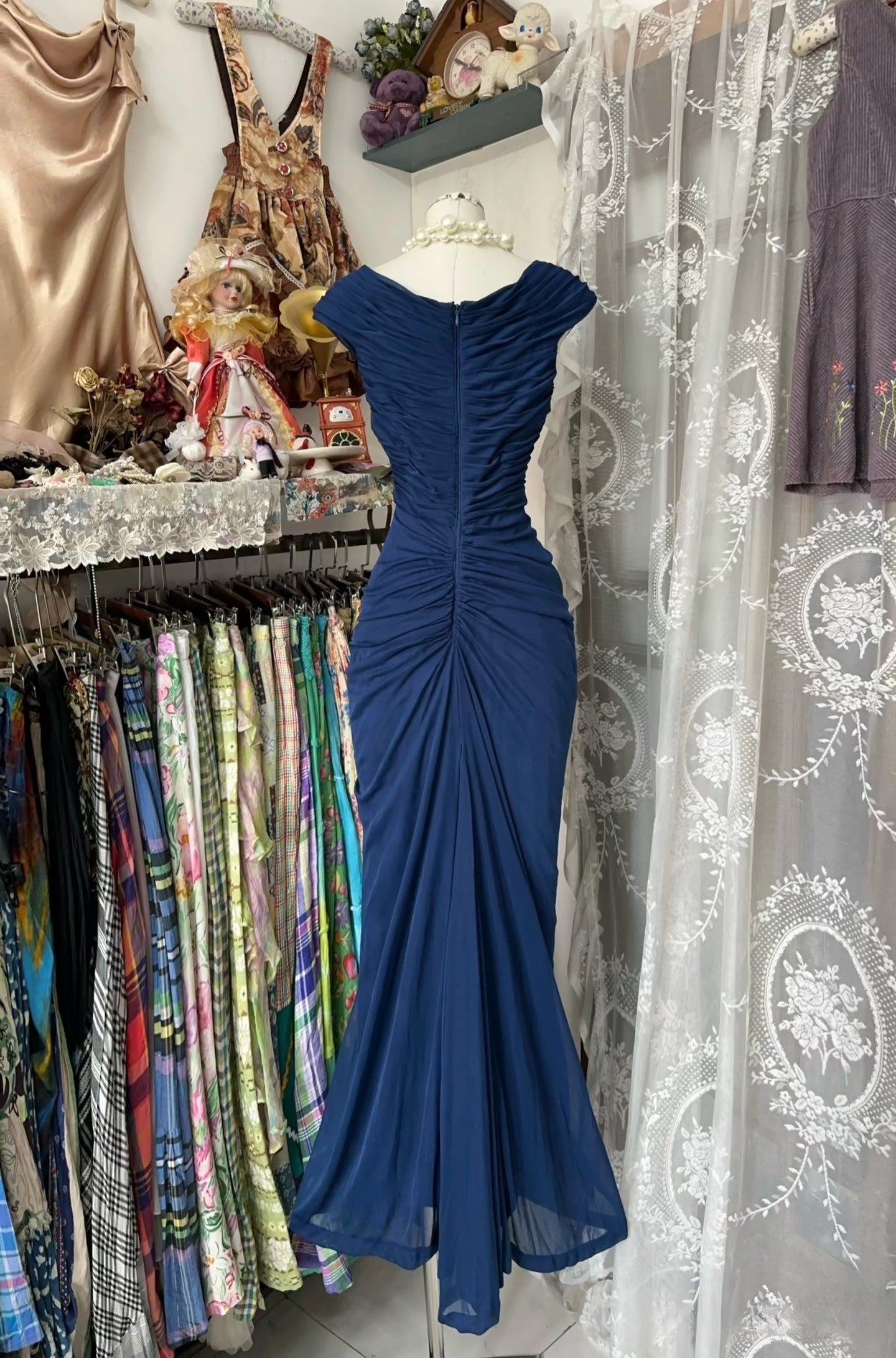 Vintage Fashion Mermaid V Neckline Navy Blue Floor Length Evening Dress Prom Dresses SD1881