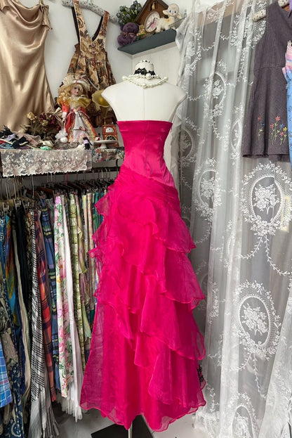 Vintage Fashion Mermaid Strapless Hot Pink Floor Length Evening Dress Prom Dresses SD1887