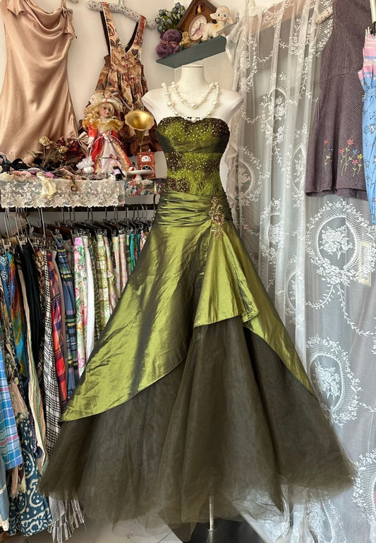 Vintage Fashion Mermaid Strapless Olive Green Floor Length Evening Dress Prom Dresses SD1888