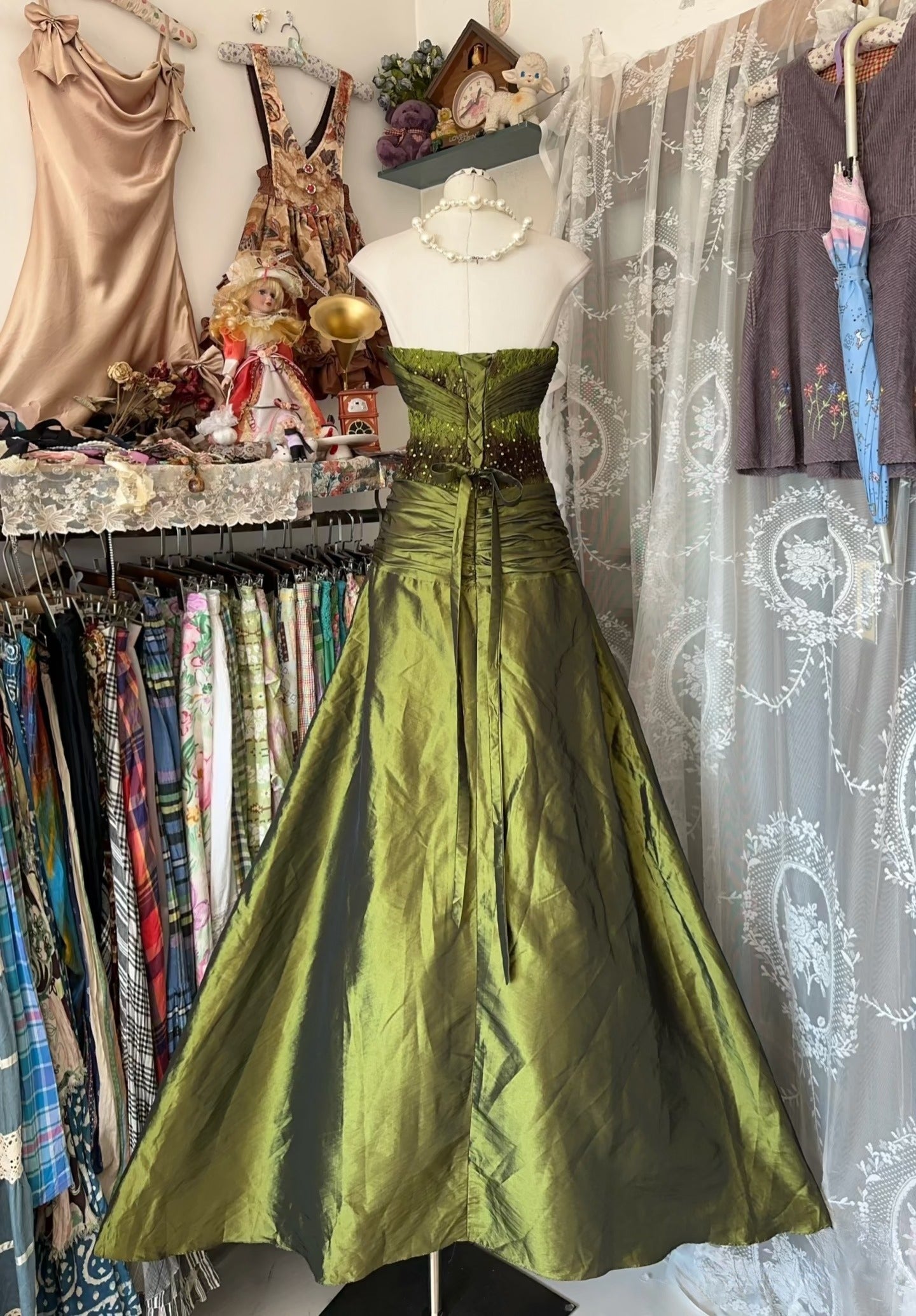 Vintage Fashion Mermaid Strapless Olive Green Floor Length Evening Dress Prom Dresses SD1888