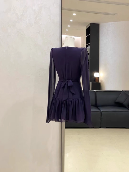 Cute A line V Neckline Ruffled Grape Short Long Sleeve Women Dresses SD188