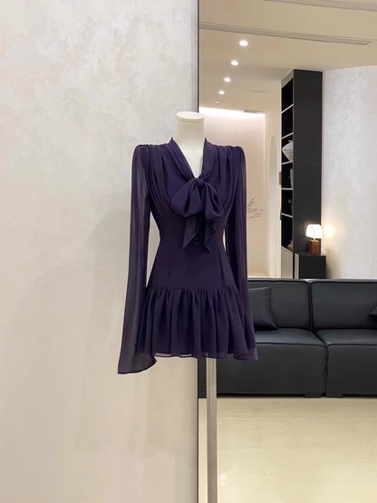 Cute A line V Neckline Ruffled Grape Short Long Sleeve Women Dresses SD188