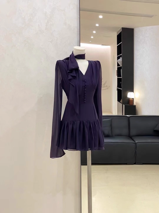 Cute A line V Neckline Ruffled Grape Short Long Sleeve Women Dresses SD188