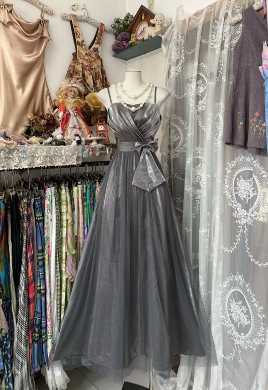 Vintage Fashion A line Straps Gray Tulle Floor Length Evening Dress Prom Dresses SD1890