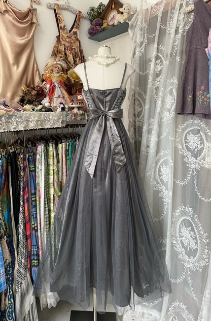 Vintage Fashion A line Straps Gray Tulle Floor Length Evening Dress Prom Dresses SD1890