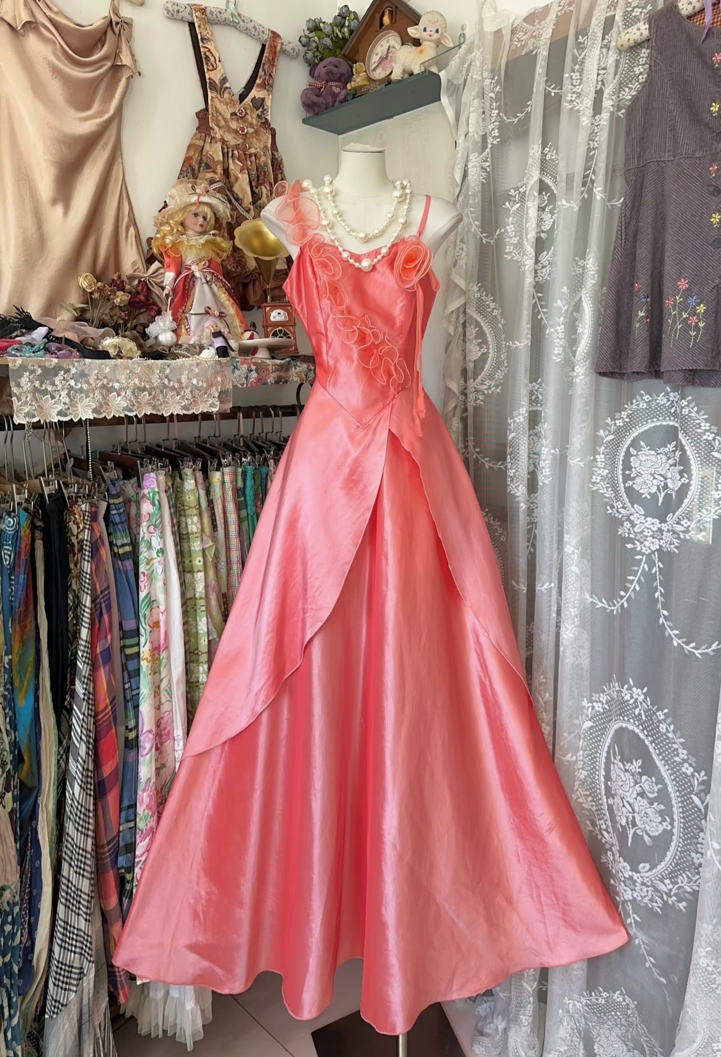 Vintage Fashion A line Spaghetti Straps Pink Floor Length Evening Dress Prom Dresses SD1892