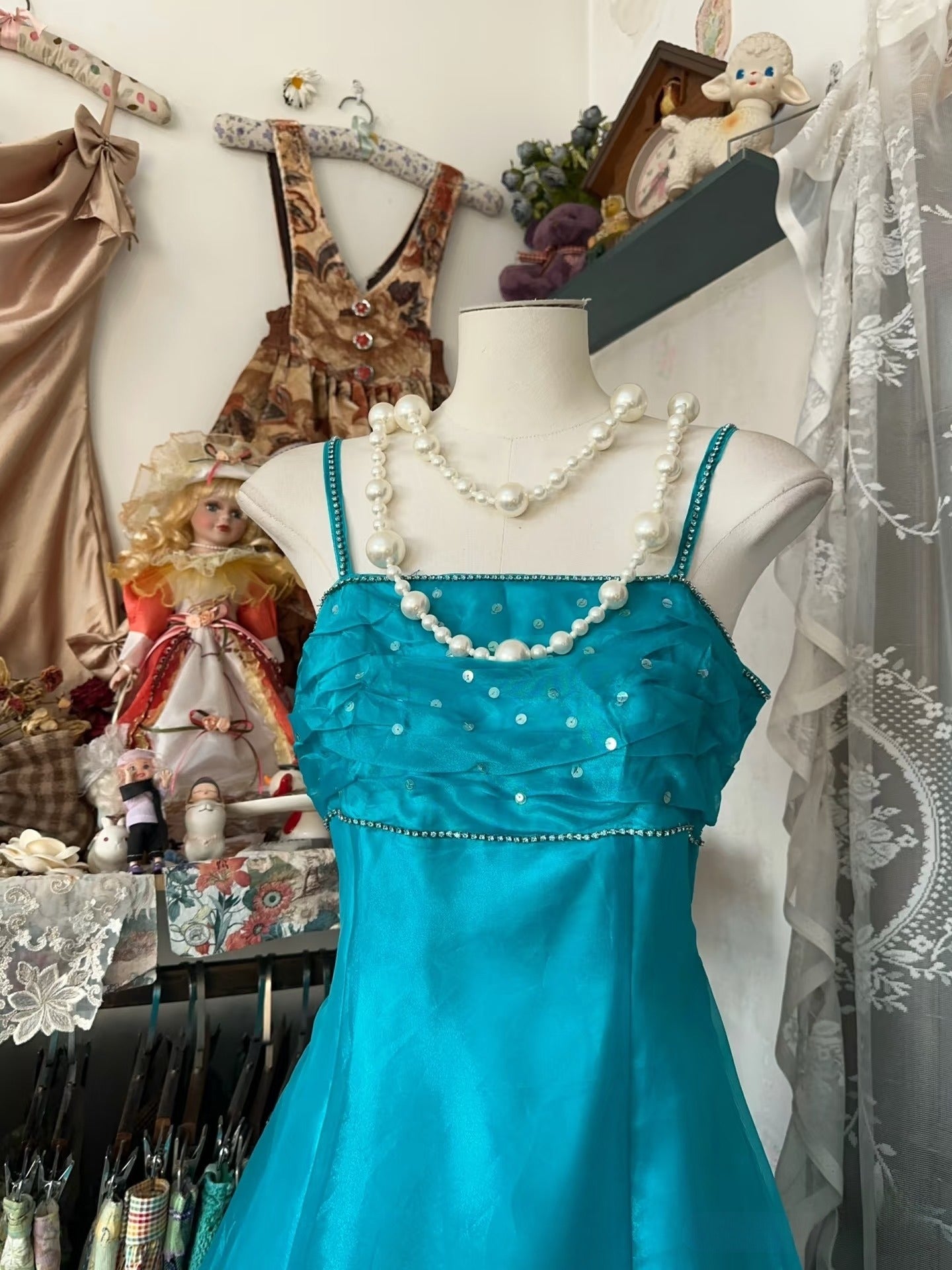 Vintage Fashion A line Spaghetti Straps Blue Floor Length Evening Dress Prom Dresses SD1899