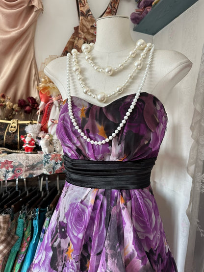 Vintage A line Sleeveless Long Floral Chiffon Evening Dress Prom Dresses SD1904