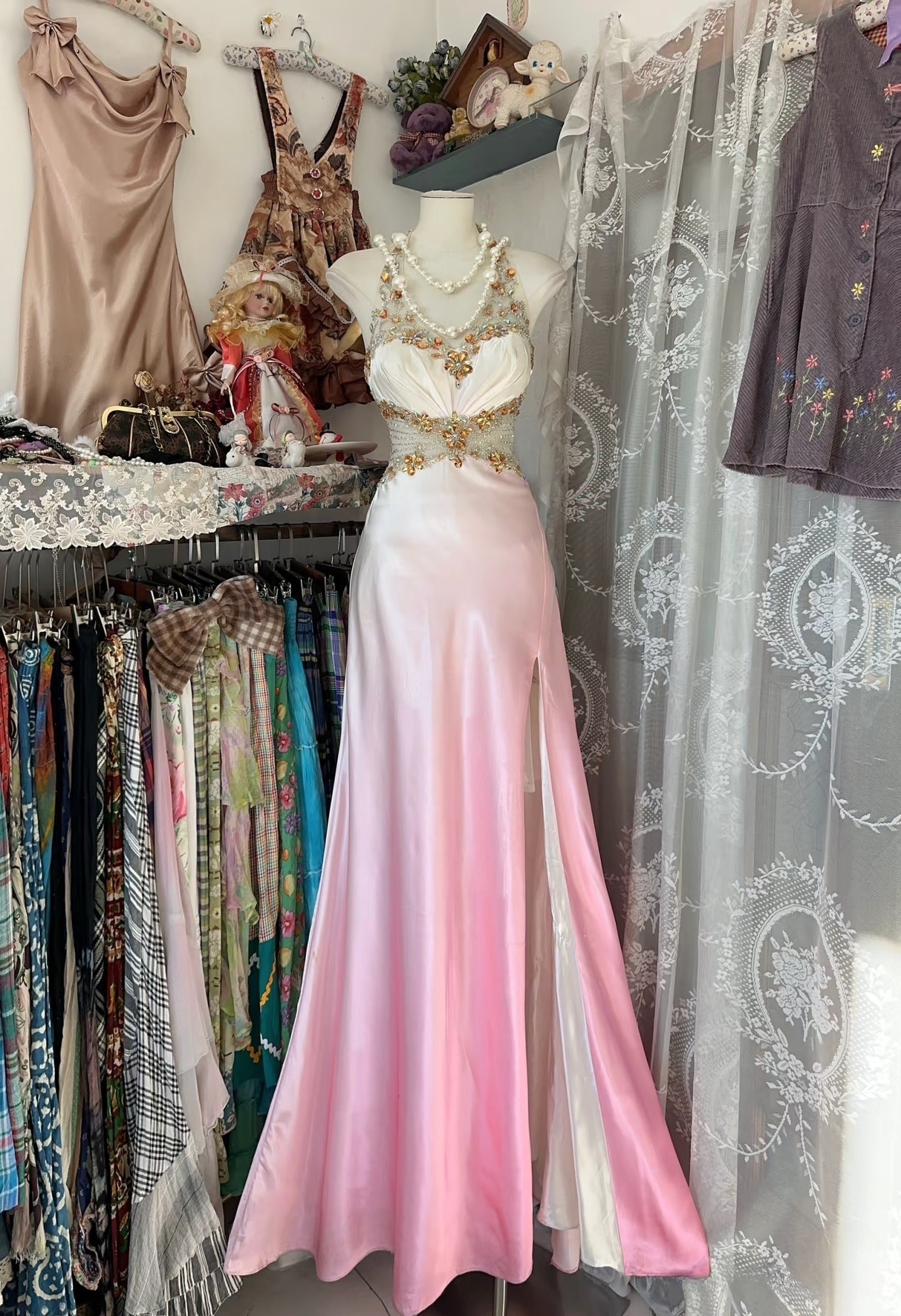 Vintage Mermaid Halter Sleeveless Long Ombre Pink Evening Dress Prom Dresses SD1907