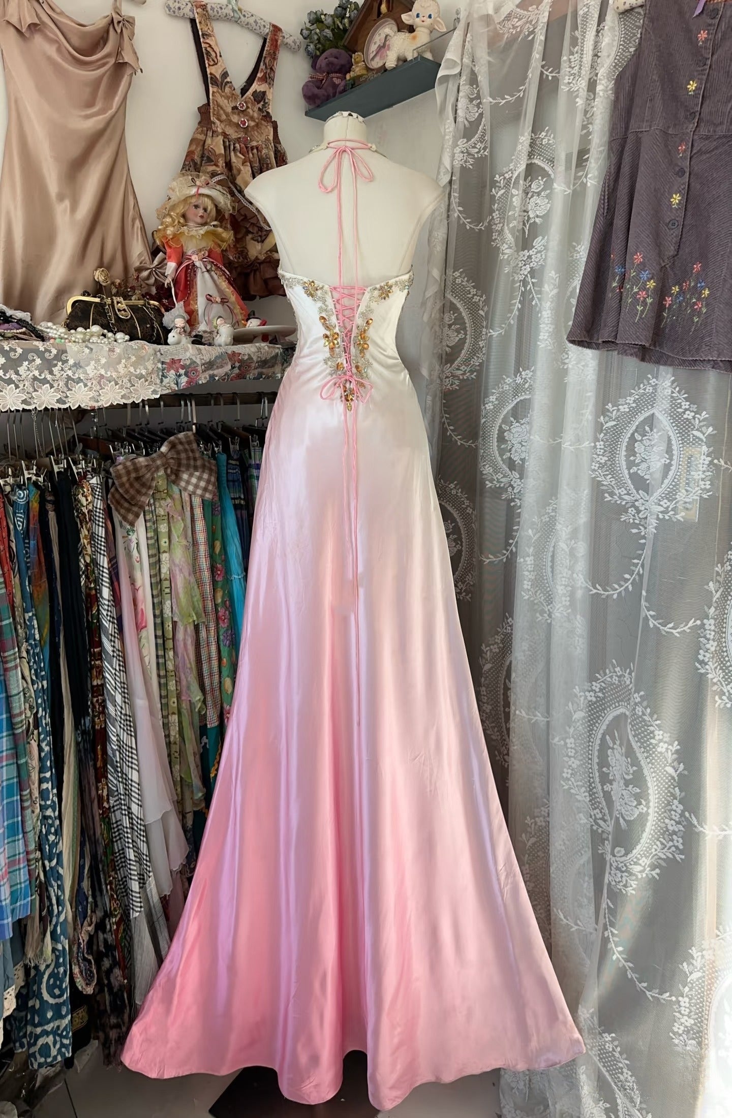 Vintage Mermaid Halter Sleeveless Long Ombre Pink Evening Dress Prom Dresses SD1907