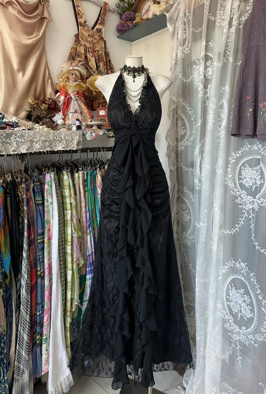 Vintage Mermaid Halter Sleeveless Long Black Lace Evening Dress Prom Dresses SD1908