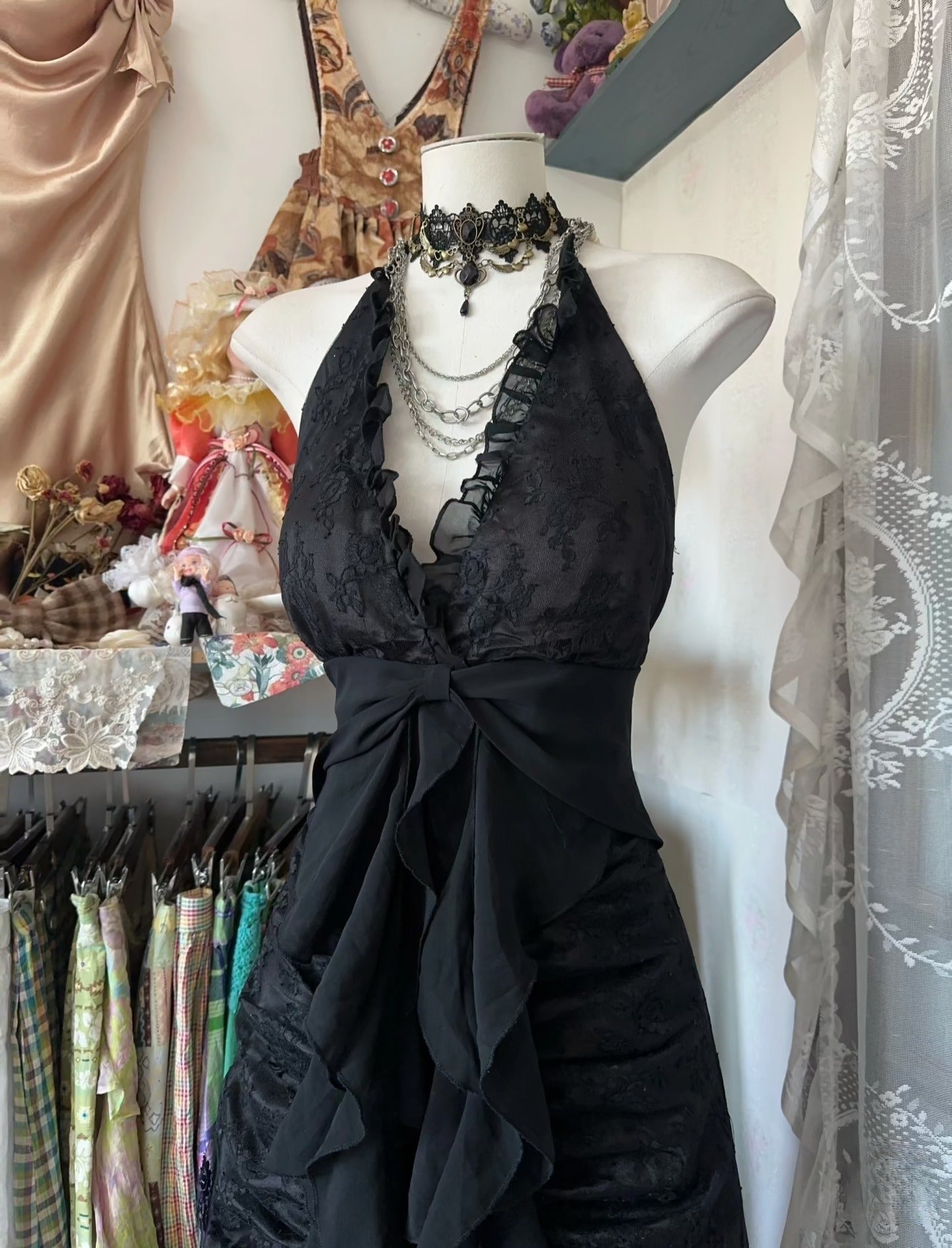 Vintage Mermaid Halter Sleeveless Long Black Lace Evening Dress Prom Dresses SD1908