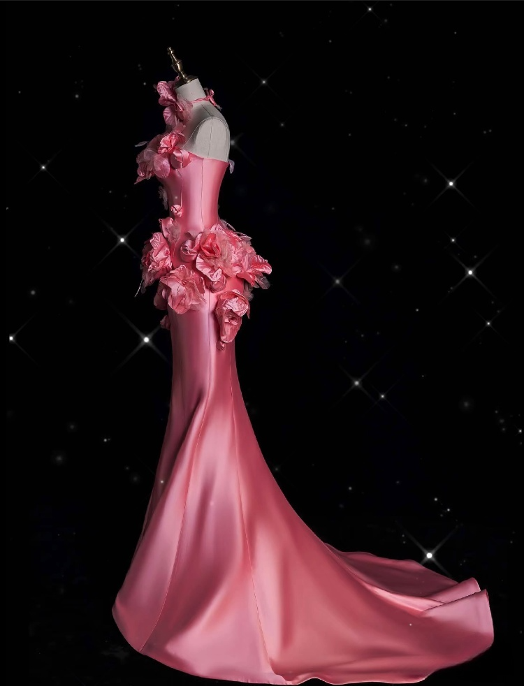 Vintage Fashion Mermaid Strapless Pink Satin Floor Length Evening Dress Prom Dresses SD1913