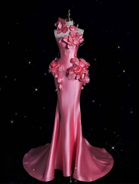 Vintage Fashion Mermaid Strapless Pink Satin Floor Length Evening Dress Prom Dresses SD1913