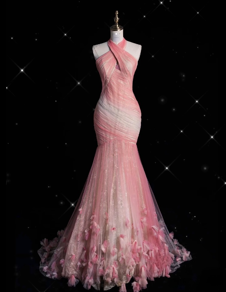 Vintage Fashion Mermaid Halter Pink Tulle Floor Length Evening Dress Prom Dresses SD1914