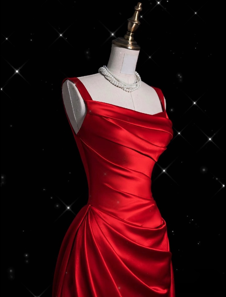 Vintage Fashion Sheath Straps Red Satin Floor Length Evening Dress Prom Dresses SD1917