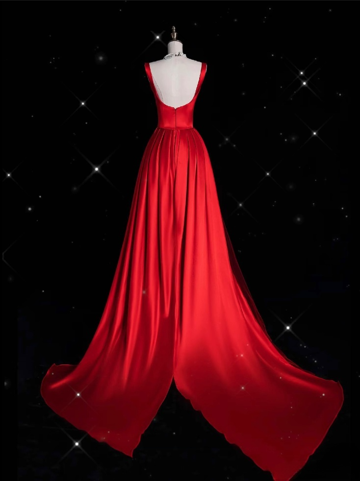 Vintage Fashion Sheath Straps Red Satin Floor Length Evening Dress Prom Dresses SD1917