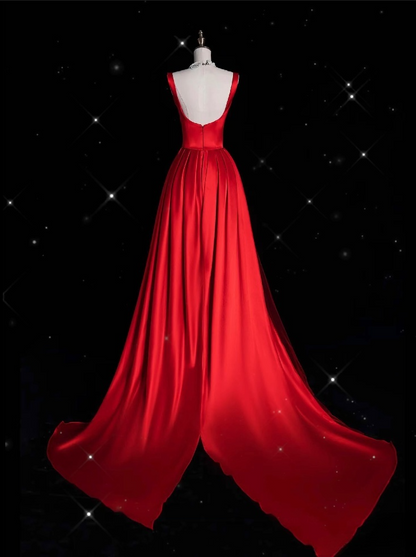 Vintage Fashion Sheath Straps Red Satin Floor Length Evening Dress Prom Dresses SD1917