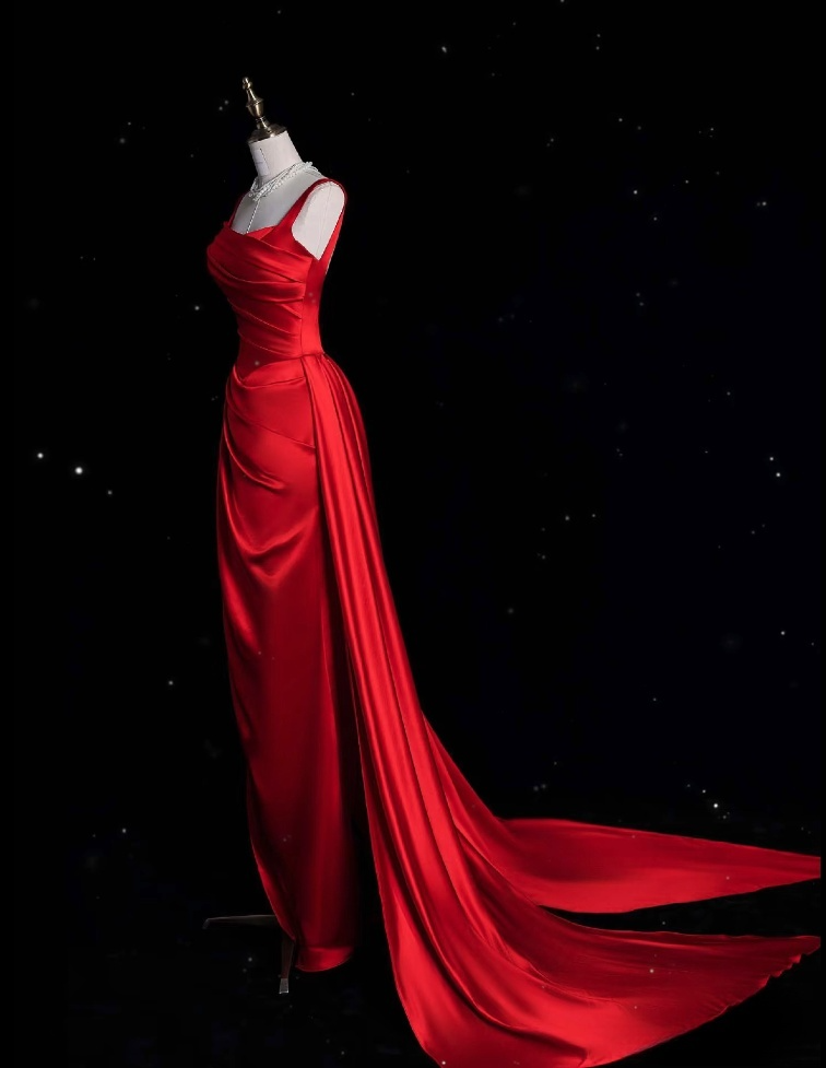 Vintage Fashion Sheath Straps Red Satin Floor Length Evening Dress Prom Dresses SD1917