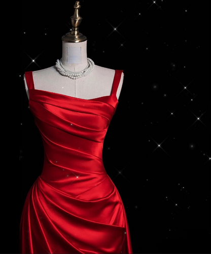 Vintage Fashion Sheath Straps Red Satin Floor Length Evening Dress Prom Dresses SD1917