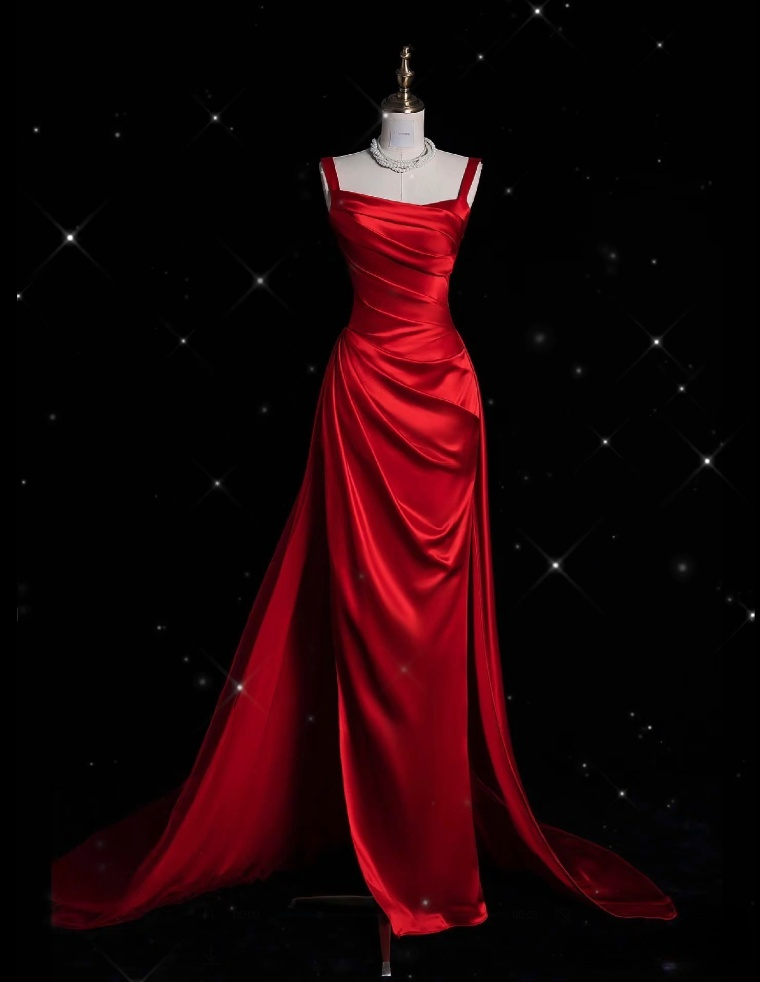 Vintage Fashion Sheath Straps Red Satin Floor Length Evening Dress Prom Dresses SD1917