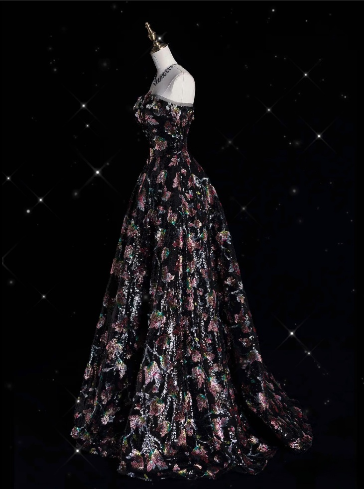 Vintage Fashion Ball Gown Strapless Black Floral Floor Length Evening Dress Prom Dresses SD1919