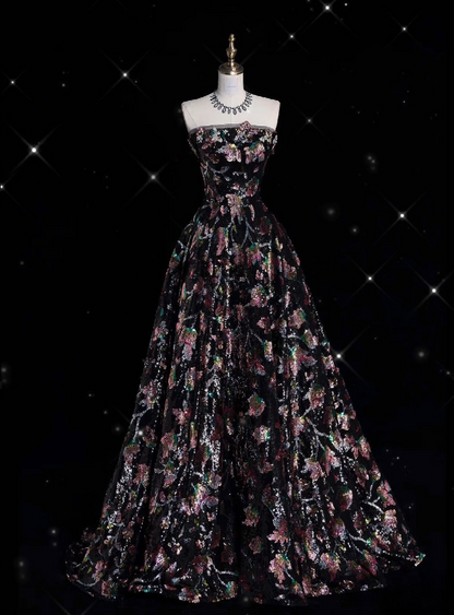 Vintage Fashion Ball Gown Strapless Black Floral Floor Length Evening Dress Prom Dresses SD1919