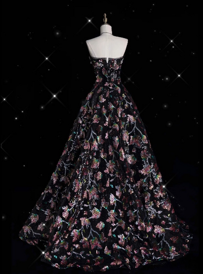 Vintage Fashion Ball Gown Strapless Black Floral Floor Length Evening Dress Prom Dresses SD1919