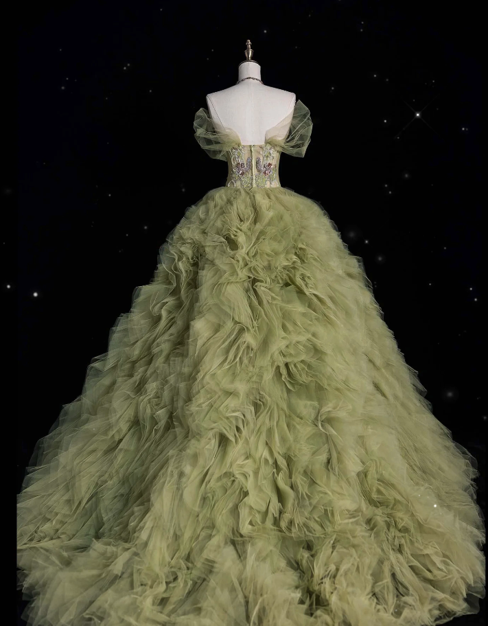 Aesthetic Ball Gown Sweetheart Sage Green Tulle Party Dress Long Prom Dress Evening Dresses SD1925