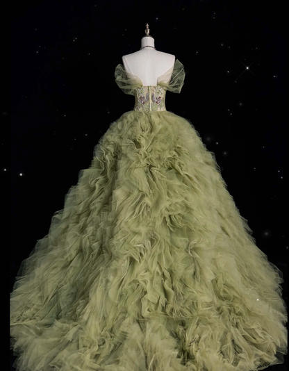 Aesthetic Ball Gown Sweetheart Sage Green Tulle Party Dress Long Prom Dress Evening Dresses SD1925