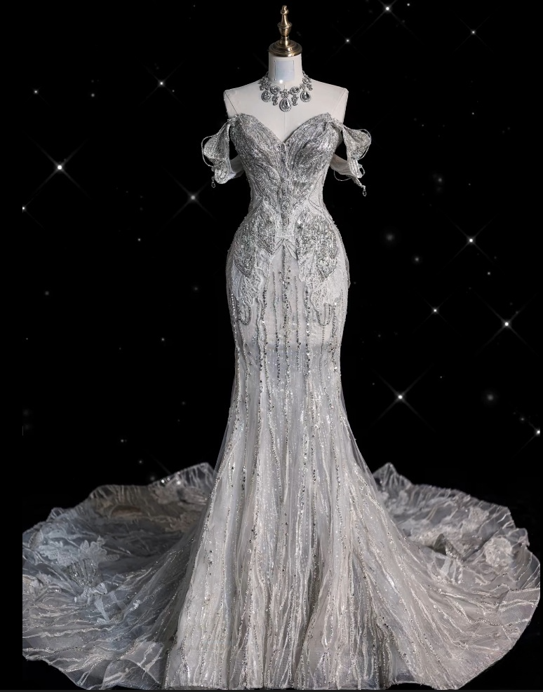 Simple Long Mermaid Off the Shoulder Sequined Wedding Dress with Slit