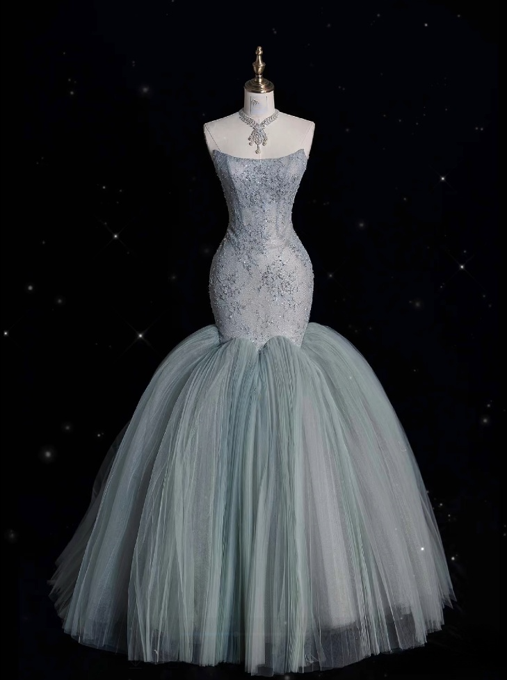 Classy Mermaid Strapless Sage Green Floor Length Evening Dress Tulle P