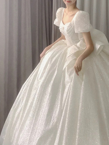 Unique Ball Gown Square Neckline Short Sleeves Sequin White Wedding Dresses Brides Dress SD1945