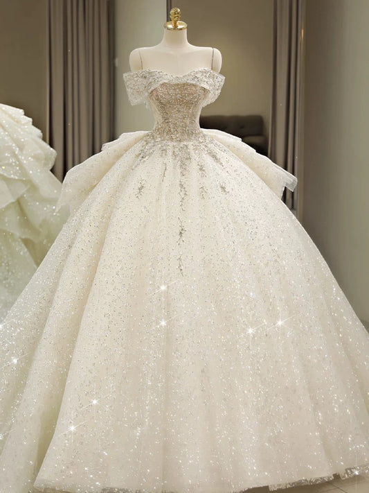 Unique Ball Gown Off The Shoulder Sequin Short Sleeves White Wedding Dresses Brides Dress SD1947