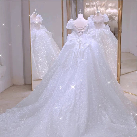 Unique Ball Gown Square Neckline Short Sleeves Sequin White Wedding Dresses Brides Dress SD1948