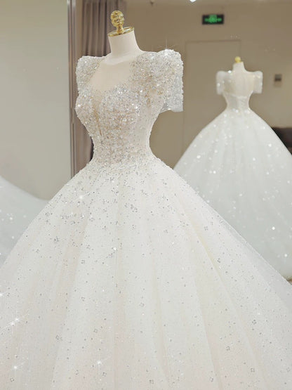 Pretty Ball Gown Square Neckline Short Sleeves Sequin White Wedding Dresses Brides Dress SD1949