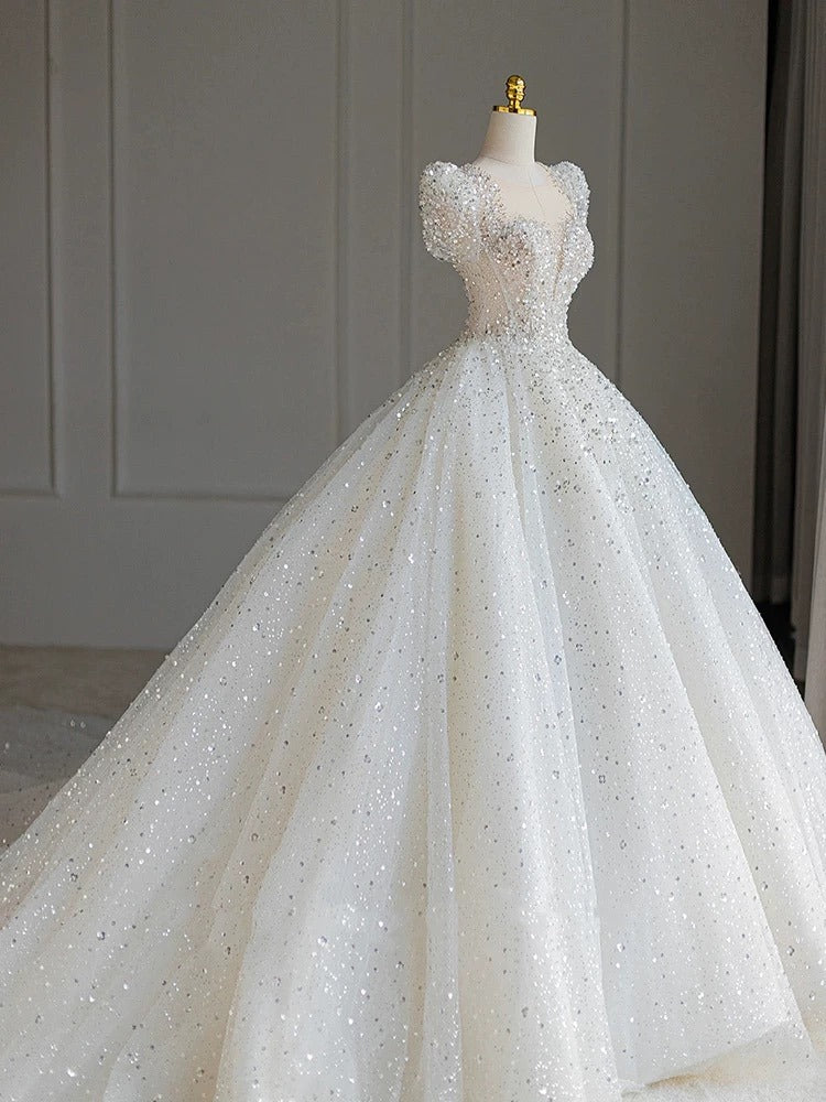 Pretty Ball Gown Square Neckline Short Sleeves Sequin White Wedding Dresses Brides Dress SD1949