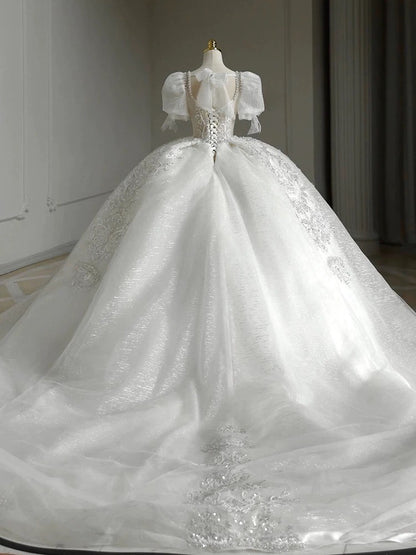 Pretty Ball Gown Square Neckline Short Sleeves Sequin White Wedding Dresses Brides Dress SD1950