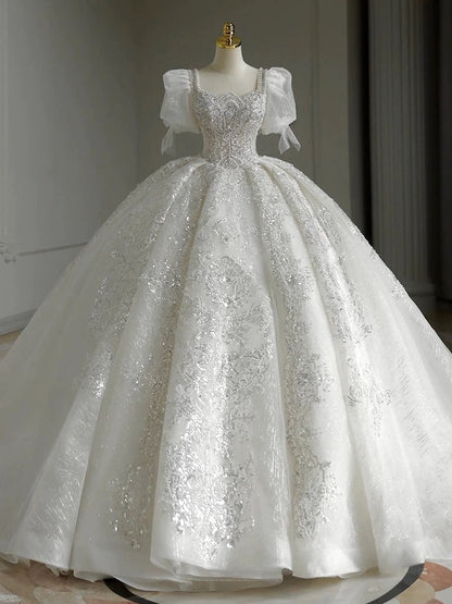 Pretty Ball Gown Square Neckline Short Sleeves Sequin White Wedding Dresses Brides Dress SD1950