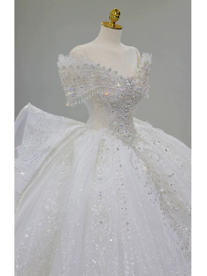 Pretty Ball Gown Off The Shoulder Short Sleeves Sequin White Wedding Dresses Brides Dress SD1954