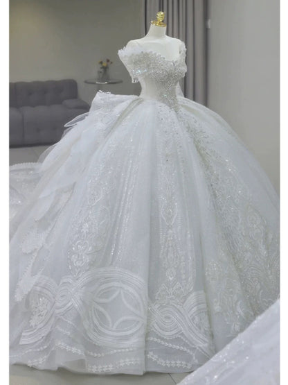 Pretty Ball Gown Off The Shoulder Short Sleeves Sequin White Wedding Dresses Brides Dress SD1954