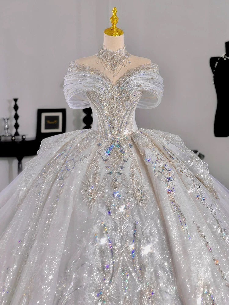 Luxury Ball Gown Off The Shoulder Short Sleeves Sequin White Wedding Dresses Brides Dress SD1955