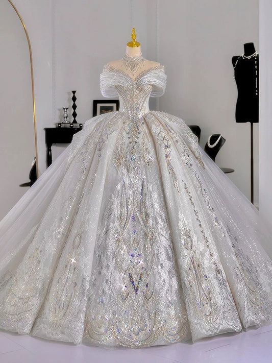 Luxury Ball Gown Off The Shoulder Short Sleeves Sequin White Wedding Dresses Brides Dress SD1955