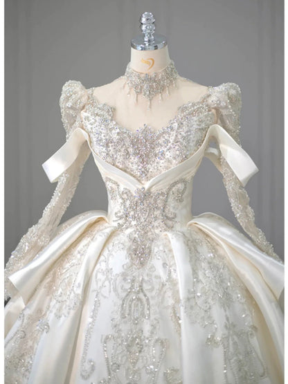 Luxury Ball Gown High Neckline Long Sleeves Sequin White Wedding Dresses Brides Dress SD1956