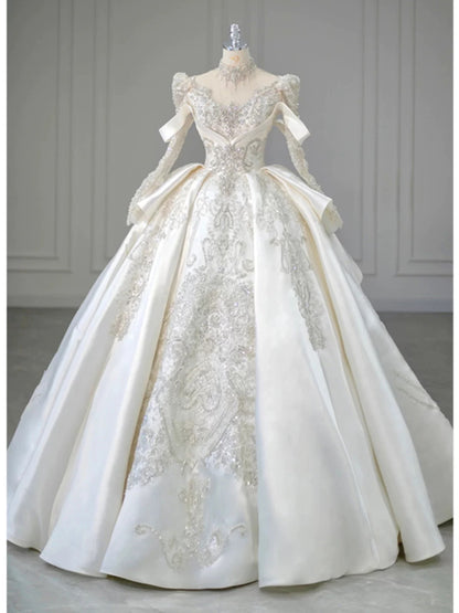 Luxury Ball Gown High Neckline Long Sleeves Sequin White Wedding Dresses Brides Dress SD1956